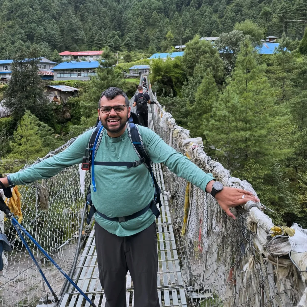 Crossing a suspension bridge.