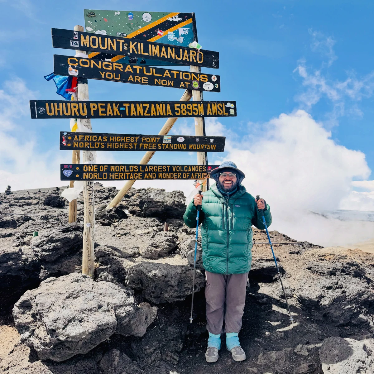 At the summit of Mount Kilimanjaro.